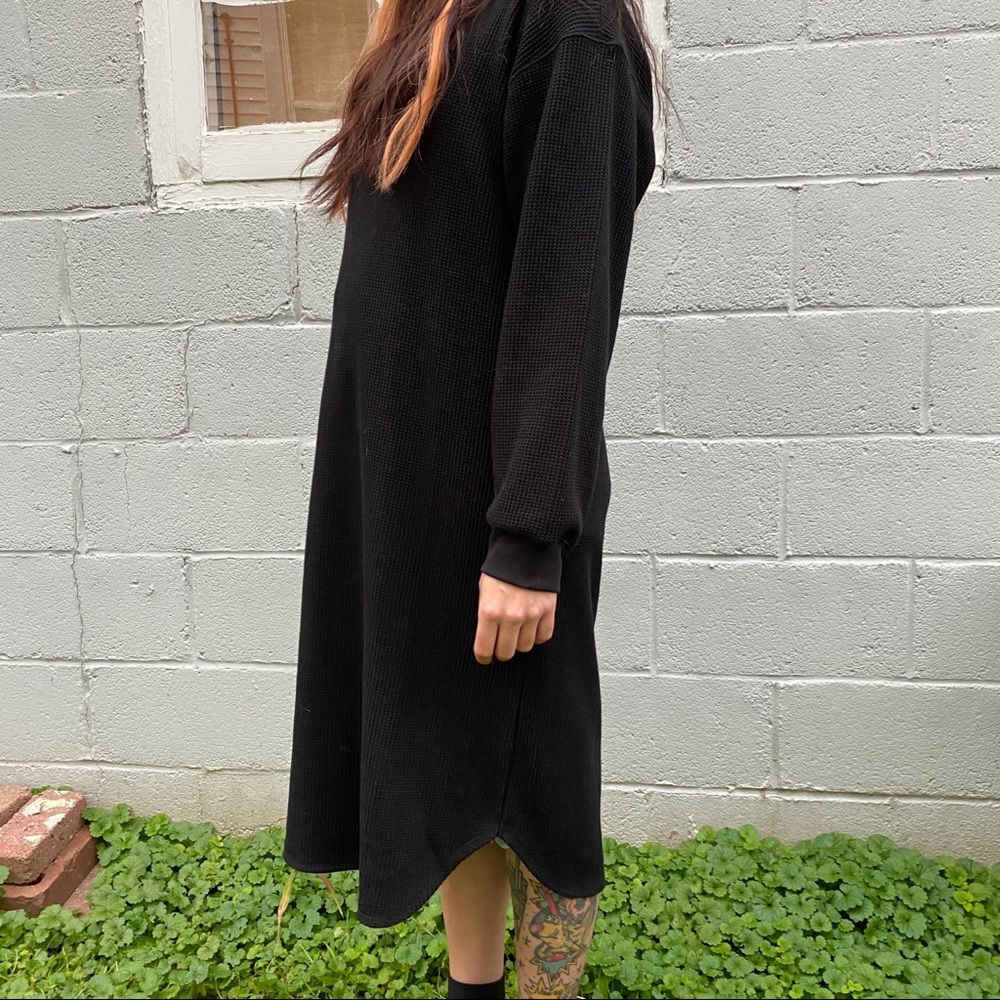 black waffle shirt dress